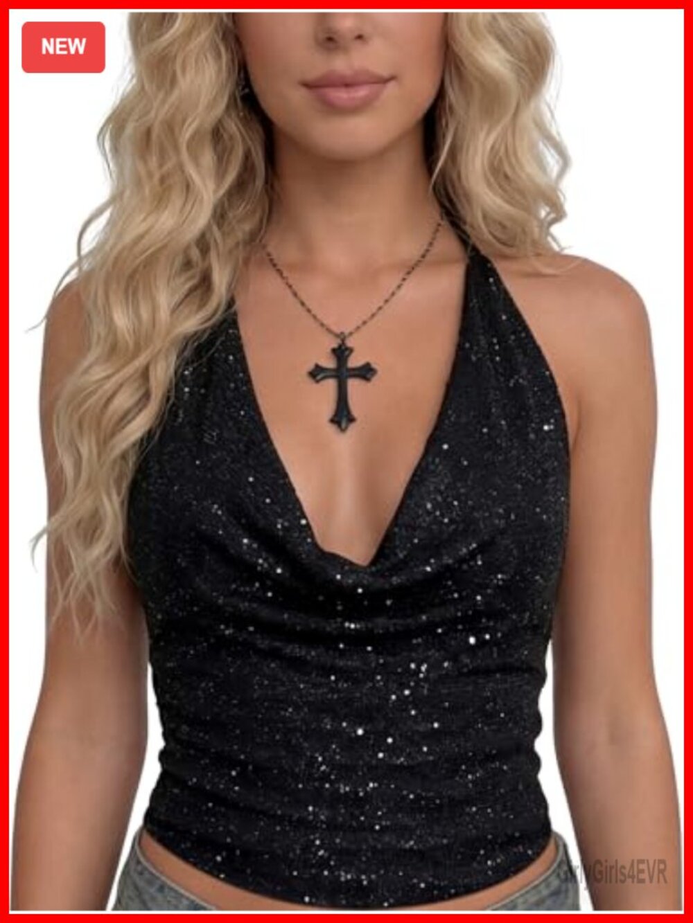 Sparkly Glitter Cowl Neck Halter Top Y2K Backless Party Club Top